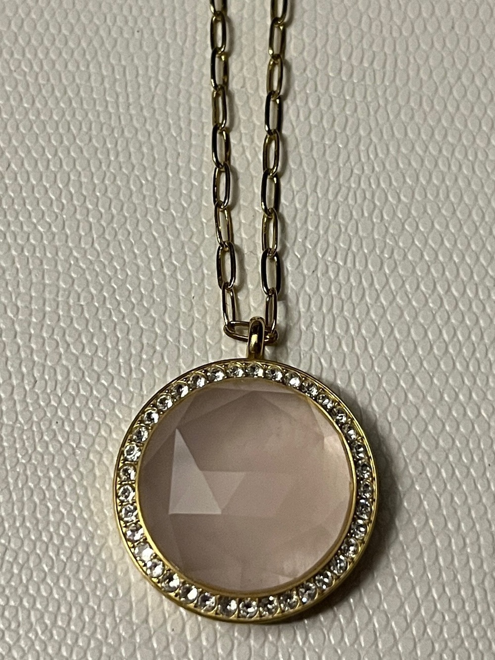 Origami Owl Gold-Tone Necklace with Rose Quartz Pendant and Rhinestone Halo